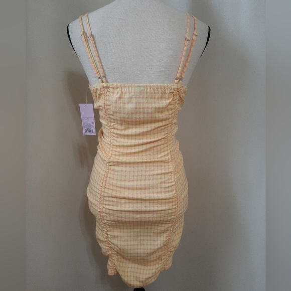 NWT Wild Fable Double Ruched Yellow & Pink Gingham Cinched Bodycon Dress - Picture 7 of 7